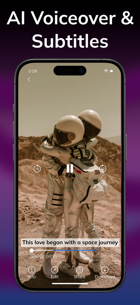 AI Video Maker: Vido - iPhone screen showing AI Video Maker app interface with automatic subtitles on a video of astronauts hugging