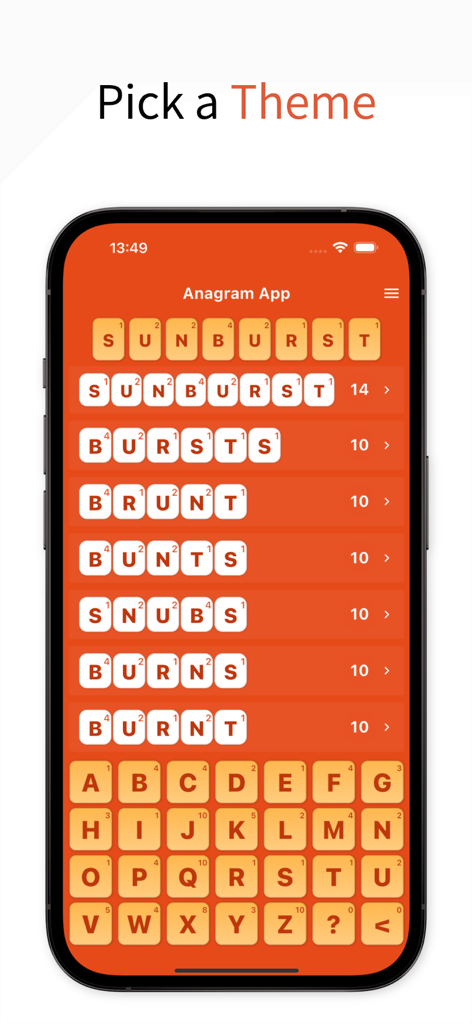 Capture d'écran de l'application Résolveur d'anagrammes montrant une liste de mots résolus avec des scores dans un thème orange premium