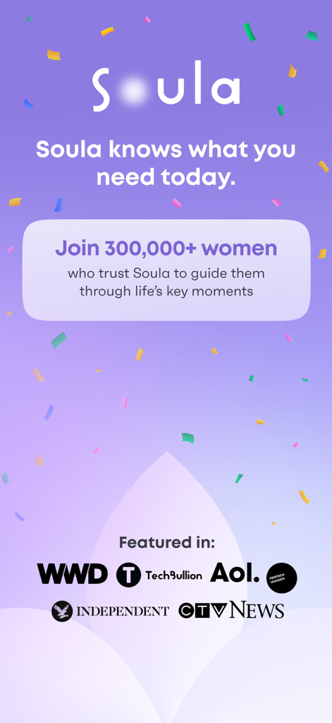 Pantalla de bienvenida de la aplicación Soula AI Therapist con menciones en medios y recuento de usuarios