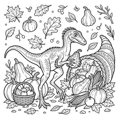 Dive into a prehistoric Thanksgiving celebration with this unique coloring page featuring a Compsognathus dinosaur. Discover a playful scene filled with bountiful harvest produce, ready for your creative touch.