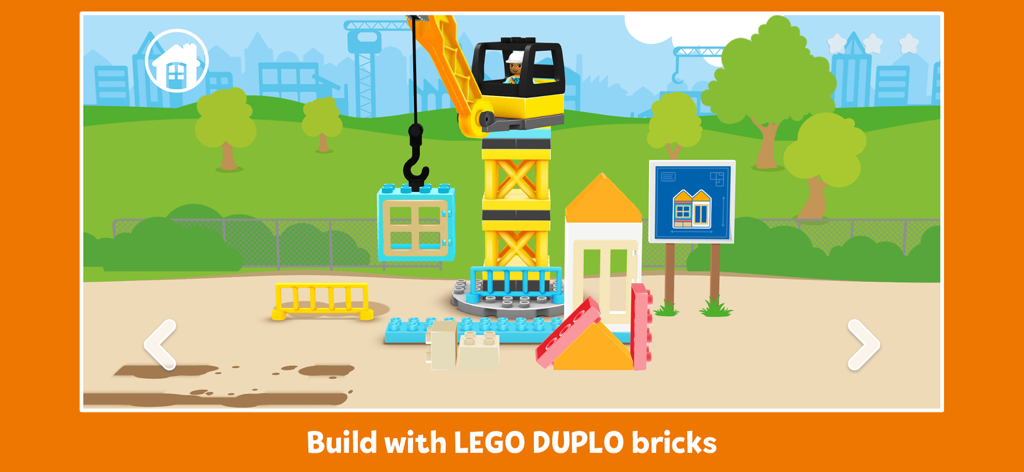 LEGO® DUPLO® World - Tout-petit construisant une maison avec une grue jaune et des briques LEGO DUPLO colorées