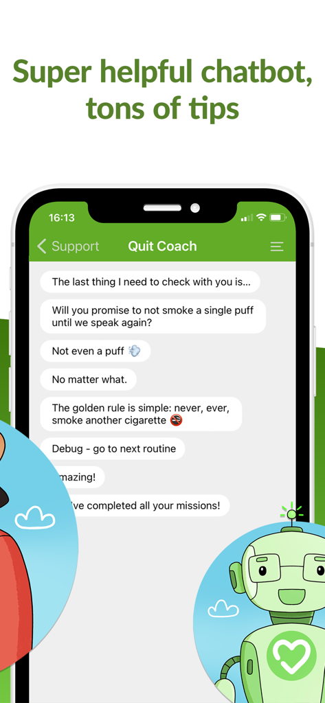 Smoke Free - Quit Smoking Now - 금연 지원 및 책임감을 제공하는 금연 앱 금연 코치 챗봇 인터페이스