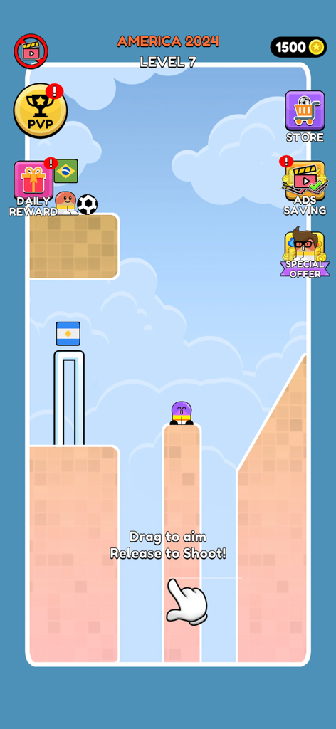 Gameplay móvel de Soccer Game Score a Goal mostrando mira baseada em física no nível sete.