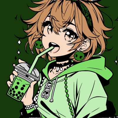 hot baddie anime girl drinking boba and biting the straw