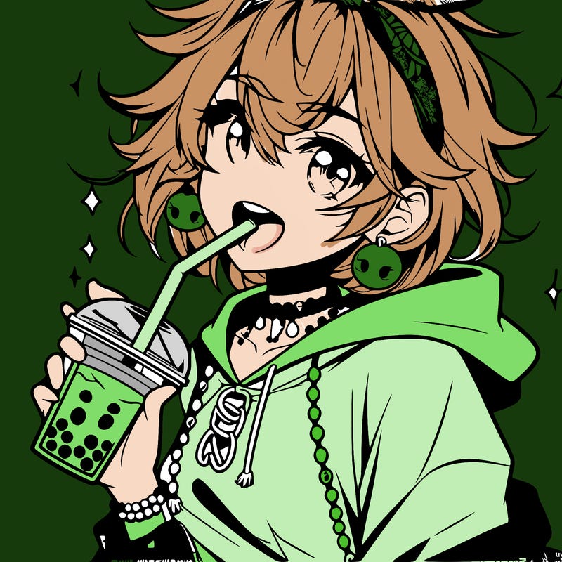 hot baddie anime girl drinking boba and biting the straw