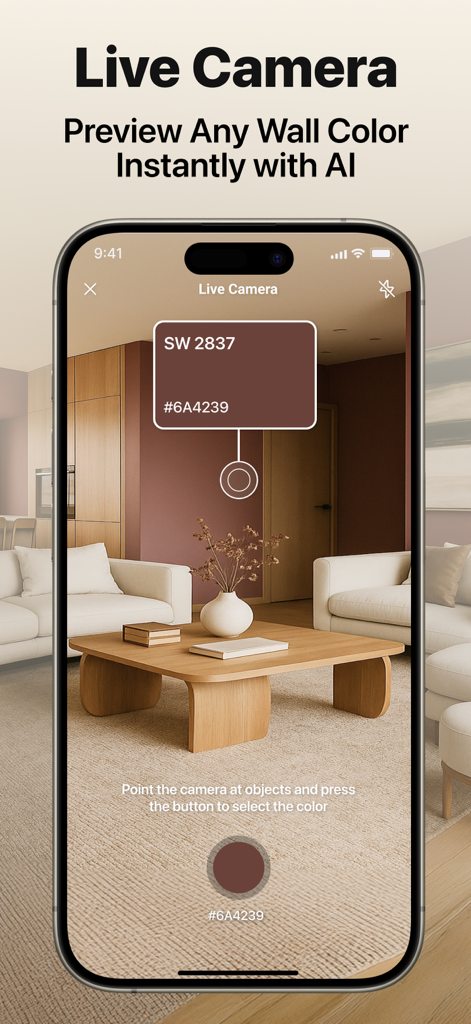 AI Paint Color Visualizer app live camera mode previewing a wall color in a modern living room