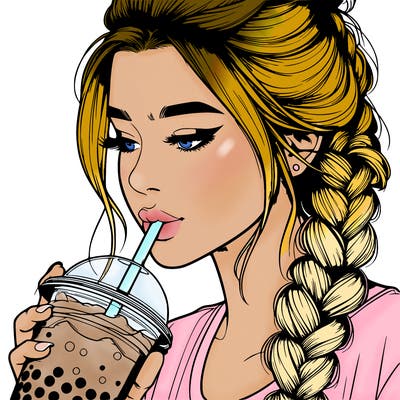 realistic girl drinking boba tea with braided hair