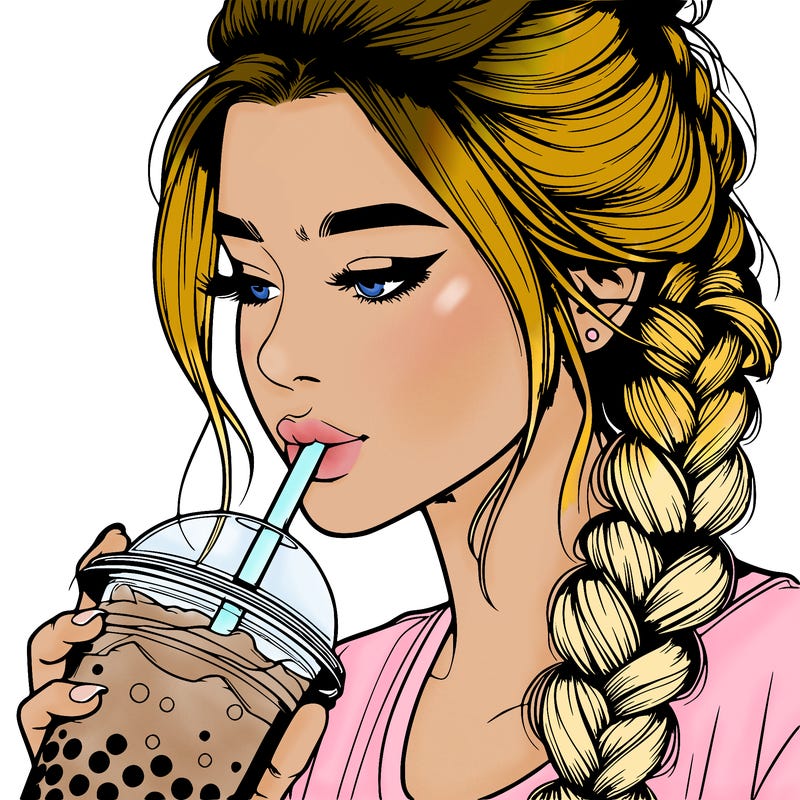 realistic girl drinking boba tea with braided hair