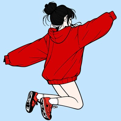 realistic girl jumping with a bun and oversized sweatshirt