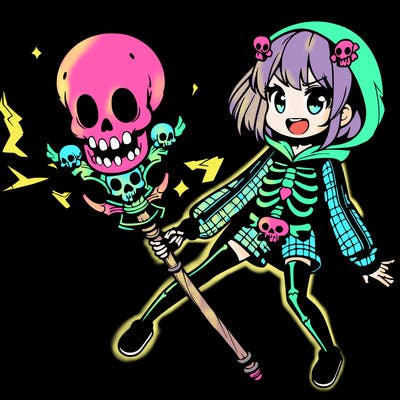 manga girl with skull staff wearing a skeleton pajama suit and her staff and shooting out a lightning bolt