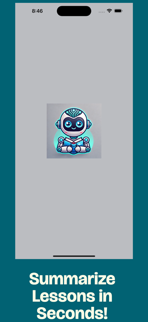 A friendly robot mascot reading a book with the text Summarize Lessons in Seconds