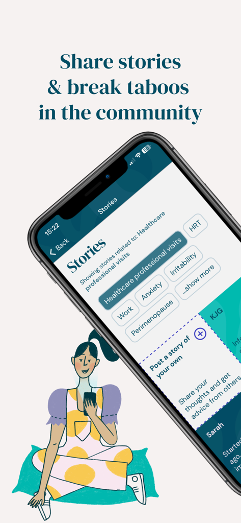 Balance - Menopause & Hormones - Balance app screen featuring a community stories section for menopause support and shared experiences