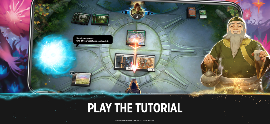 Magic: The Gathering Arena - Magic The Gathering Arena Tutorial-Bildschirm, der Kartenspiel und eine Charakteranleitung zeigt
