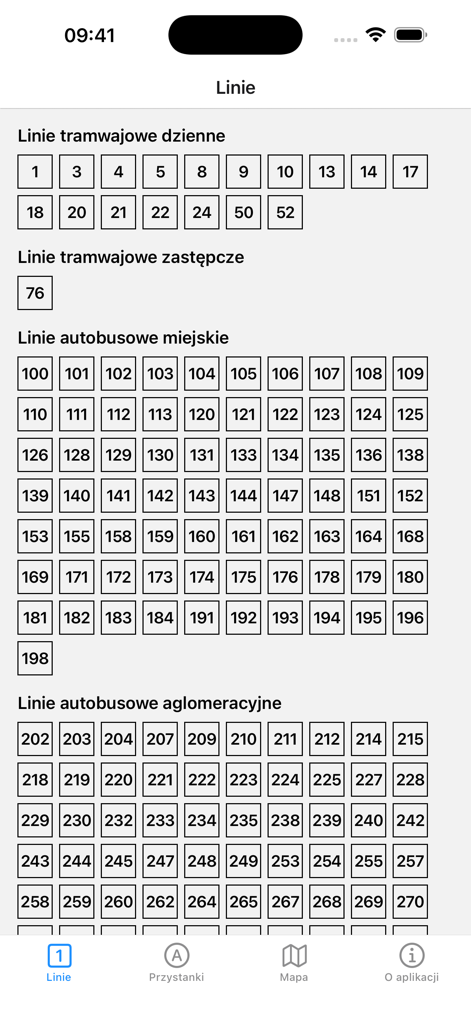 A grid of tram and bus line numbers for public transportation in Krakow