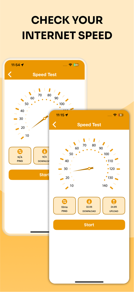 Uma tela de aplicativo móvel mostrando um medidor de velocímetro e métricas para verificar a velocidade de download e upload da internet