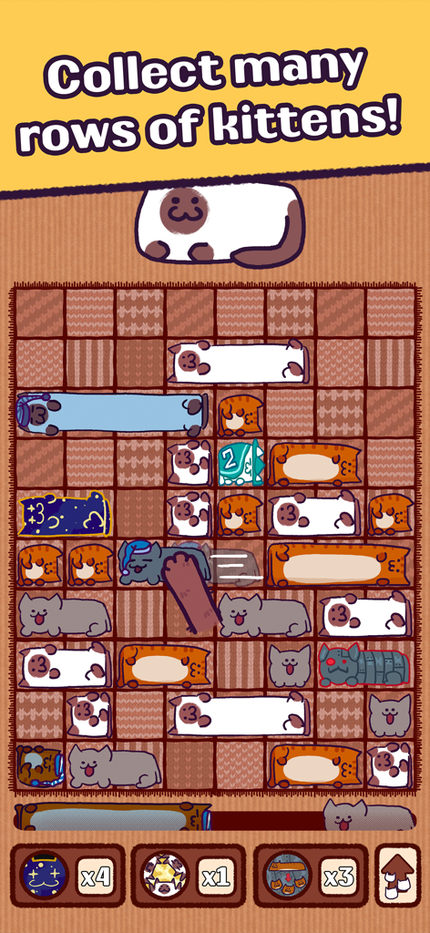 A sliding block puzzle game featuring various cute cat characters in a grid with the text Collect many rows of kittens