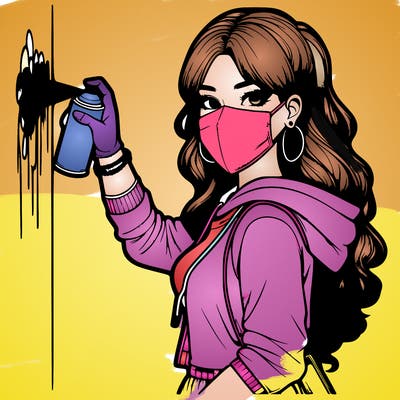 realistic girl with mask spray painting a wall