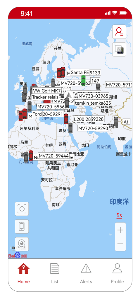 MiCODUS app showing real-time GPS tracking of multiple vehicles on a global map