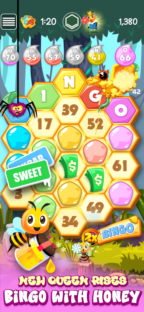 Bingo Honey: Win Real Prizes - Una colorida interfaz de juego de bingo con una cuadrícula en forma de panal y lindos personajes de abejas