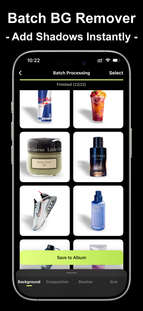 Glowya：AI Photo & Video Editor - Glowyaアプリのインターフェースで、EC商品のバッチ背景除去と影の追加が表示されている