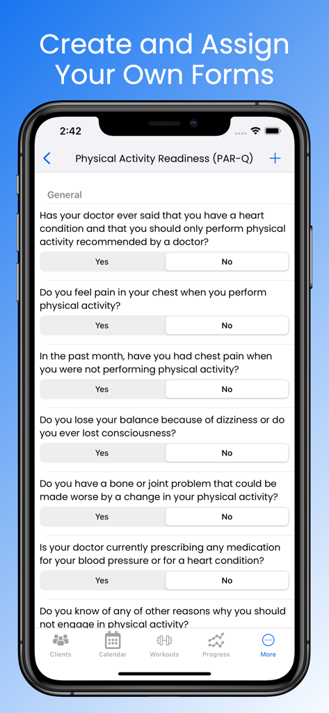 FitSW for Personal Trainers - Screenshot dell'app FitSW che mostra un modulo di idoneità all'attività fisica per i clienti di personal training