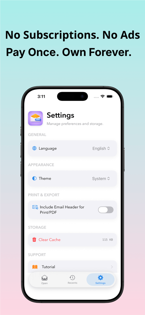 Winmail.dat Opener Pro - Winmail dat Opener Pro settings screen on iPhone showing no subscription message and app preferences