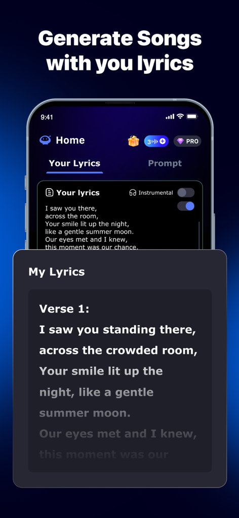 AI Song Generator: Music Maker - Mobile app interface for generating AI music from custom lyrics.