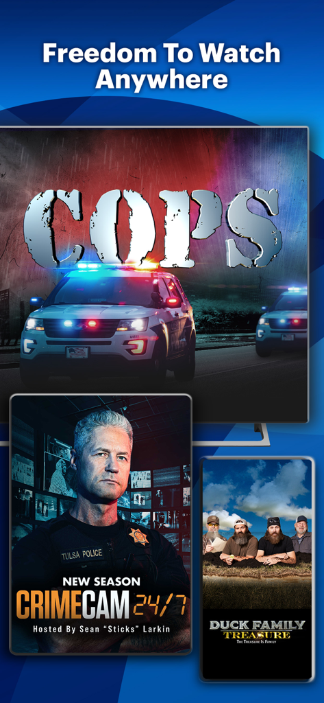 Fox Nation - Fox Nation app interface on TV and mobile devices showcasing shows like COPS and CrimeCam 24/7
