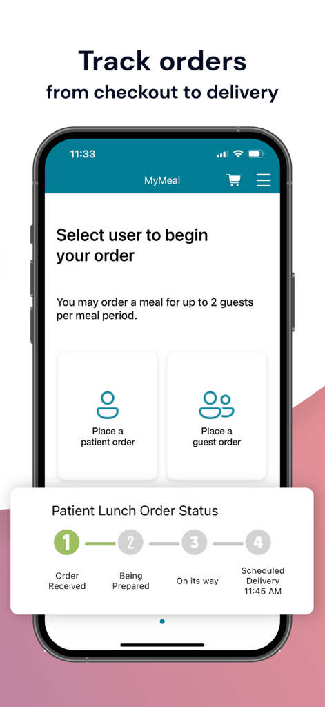MyMeal by CompassOne - MyMeal app screen showing patient and guest order options and a lunch order progress tracker.