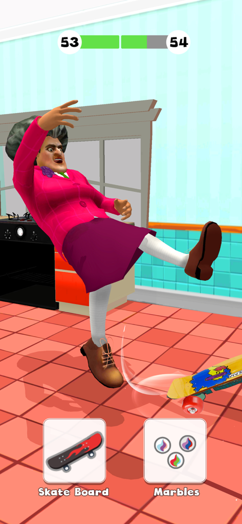 The Prankster 3D - A gameplay screenshot of The Prankster 3D showing a teacher character slipping on a skateboard in a kitchen.