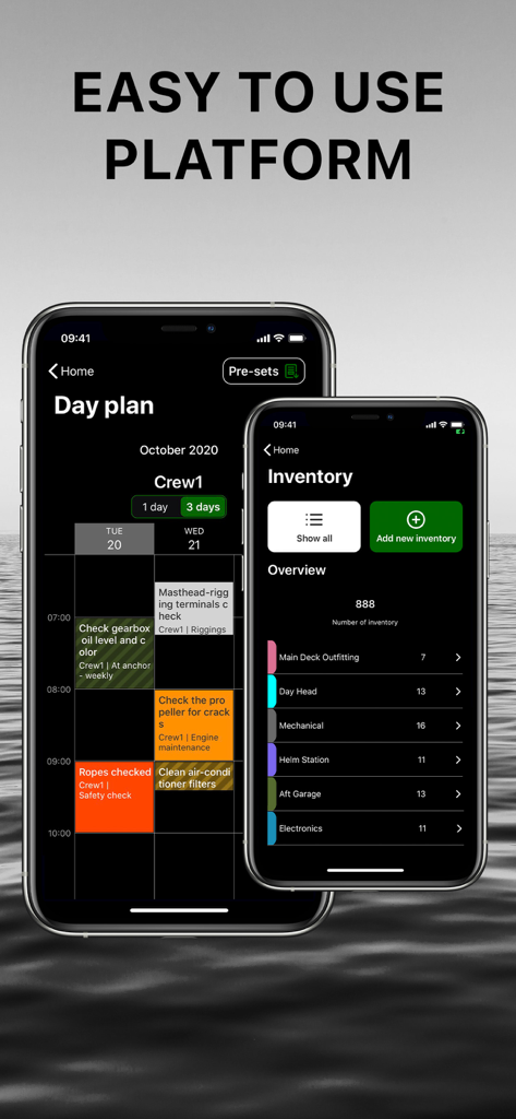 Yacht Manager App - Yacht Manager App mobile interface showing crew day plan and vessel inventory management
