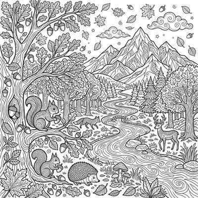 Unwind with this exquisitely detailed adult coloring page, capturing the serene beauty of an autumn forest. Explore a vibrant natural landscape filled with charming woodland creatures and breathtaking mountain views, perfect for mindful relaxation.
