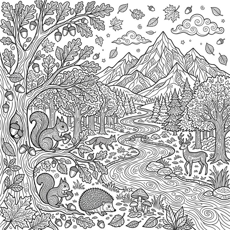 Unwind with this exquisitely detailed adult coloring page, capturing the serene beauty of an autumn forest. Explore a vibrant natural landscape filled with charming woodland creatures and breathtaking mountain views, perfect for mindful relaxation.