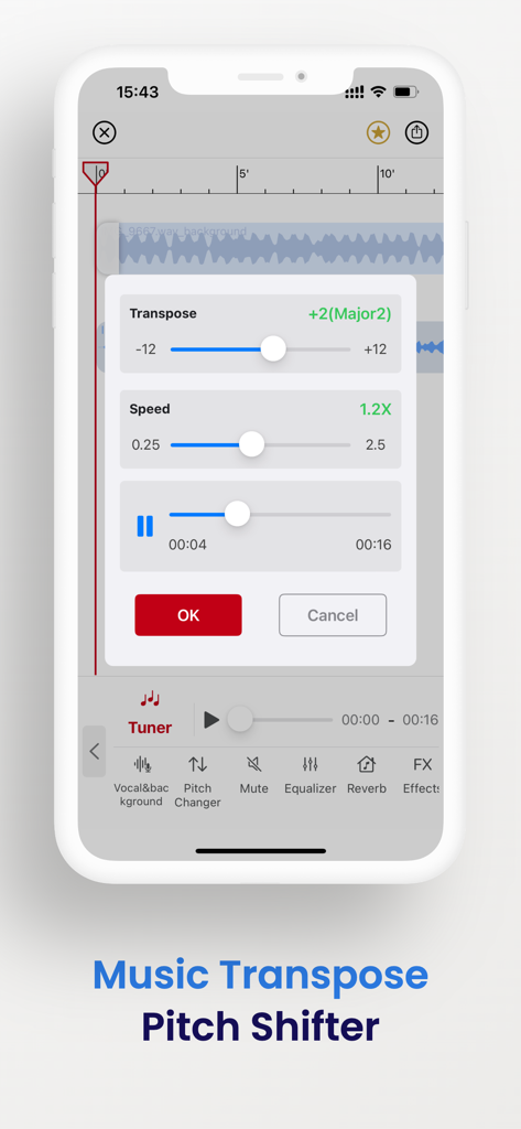TunerLab Audio Editor - Interface do aplicativo TunerLab mostrando controles deslizantes de transposição de música e alterador de afinação sobre uma forma de onda de áudio
