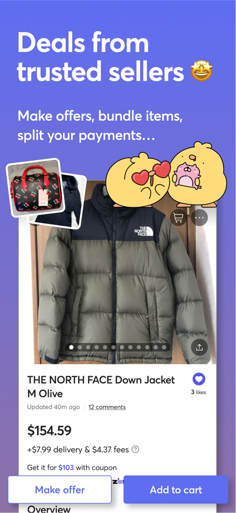 Mercari: Buying & Selling App - Mercari app showing a product listing for a The North Face jacket with options to make an offer or add to cart