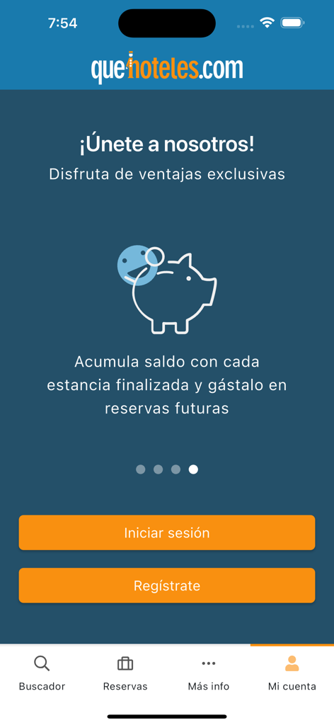 QueHoteles.com - QueHoteles app screen in Spanish promoting loyalty rewards for future hotel bookings with login and register buttons