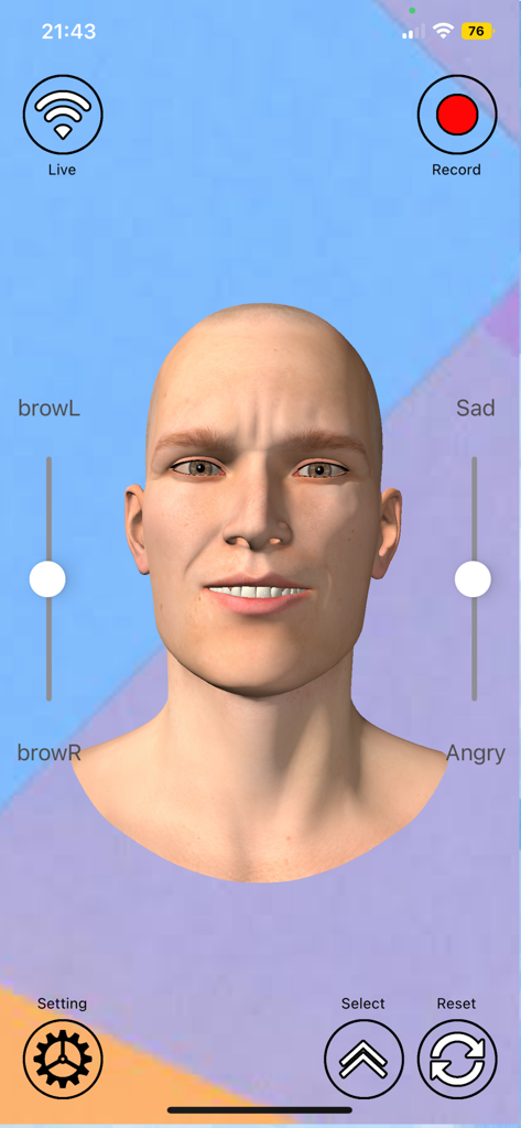 FACEMOTION3D app interface featuring a 3D male character head with facial expression sliders for brow control and emotions