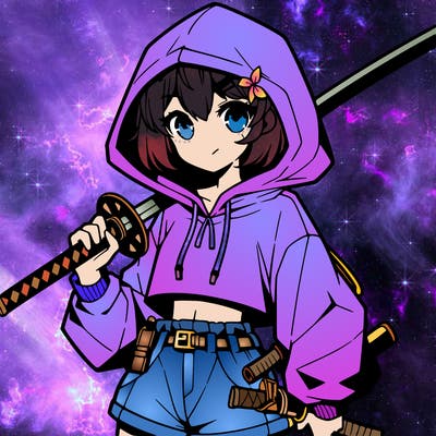 anime girl in a hoodie in a crop top and shorts with eyes holding a sword in a cool pose with no one else, just by herself