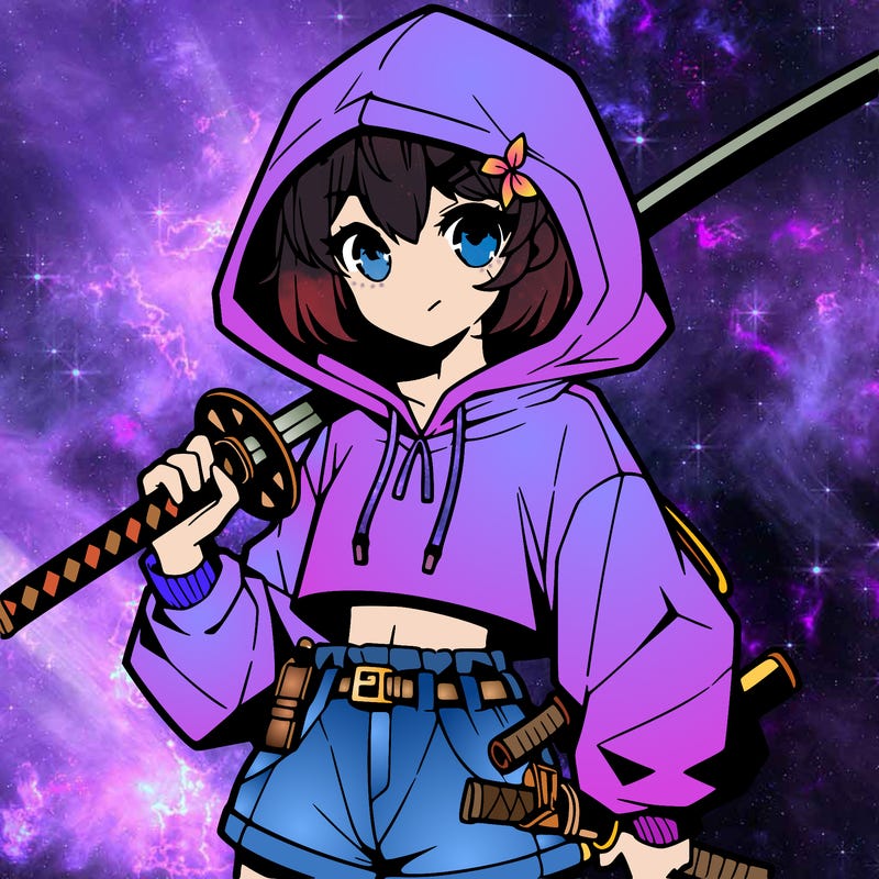 anime girl in a hoodie in a crop top and shorts with eyes holding a sword in a cool pose with no one else, just by herself