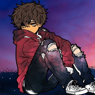 a male hoddie ripped jeans messy hair anime