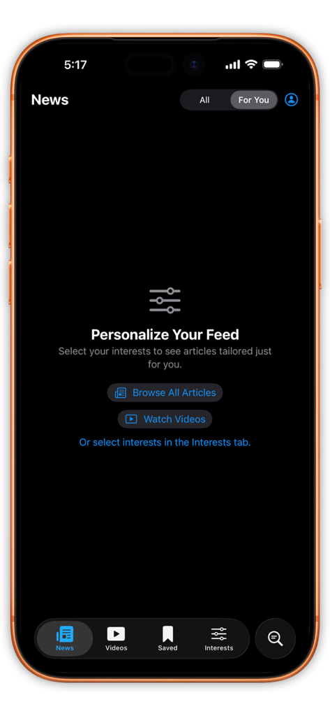 Sandboxx News - Sandboxx News app screen for personalizing the military news feed based on user interests
