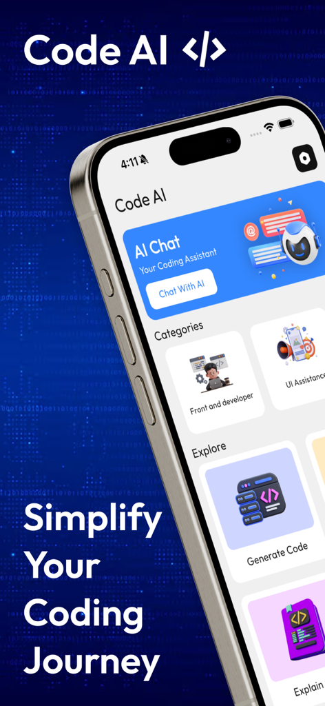 Home screen of the Code AI app showing options for AI chat and code generation