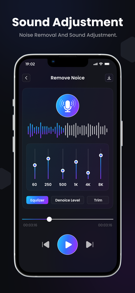 AI Background Noise Remover - Una pantalla de aplicación móvil que muestra controles deslizantes de ajuste de frecuencia de audio y una forma de onda de sonido para la eliminación de ruido.