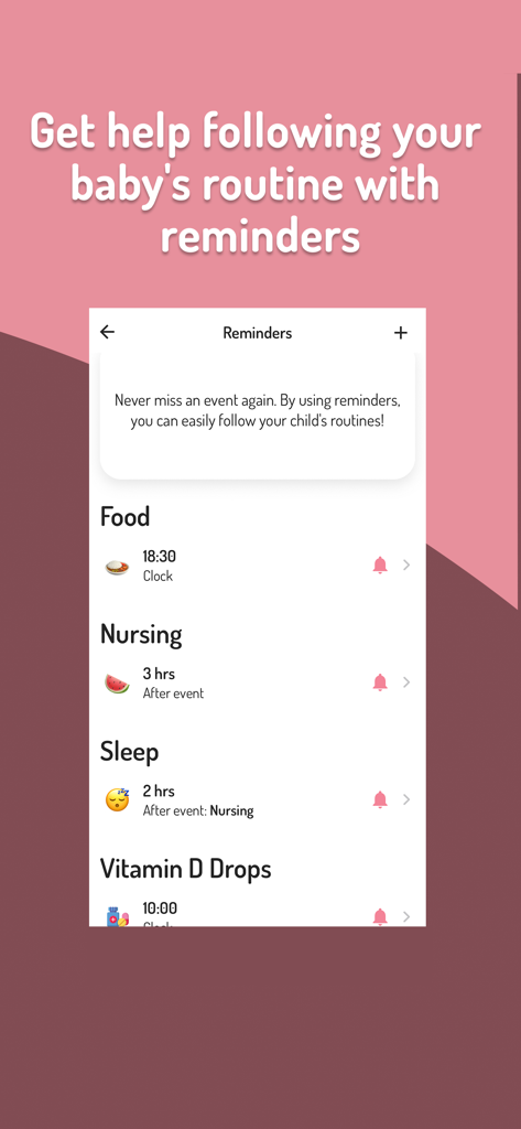 Time for baby - Breastfeeding - Schermata dell'app che mostra promemoria personalizzabili della routine per poppate, allattamento, sonno e gocce di vitamina D per neonati