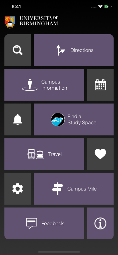 UoB Campus Map - The main menu of the University of Birmingham campus map app displaying tiles for directions, travel, and study spaces