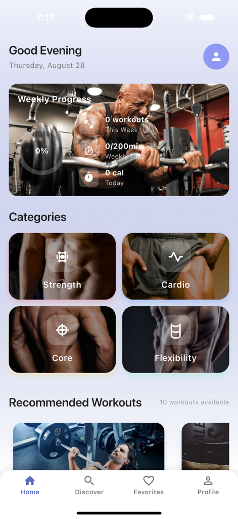 Home Workout - Fitness Pro - Pantalla de inicio de la aplicación Home Workout Fitness Pro que muestra el progreso semanal y las categorías de entrenamiento