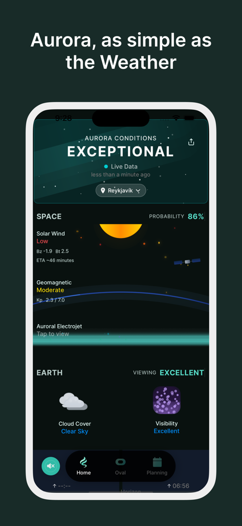 Aurora Eos: Forecast & Alert - Interfaz de la aplicación Aurora Eos que muestra condiciones excepcionales de auroras y datos meteorológicos espaciales