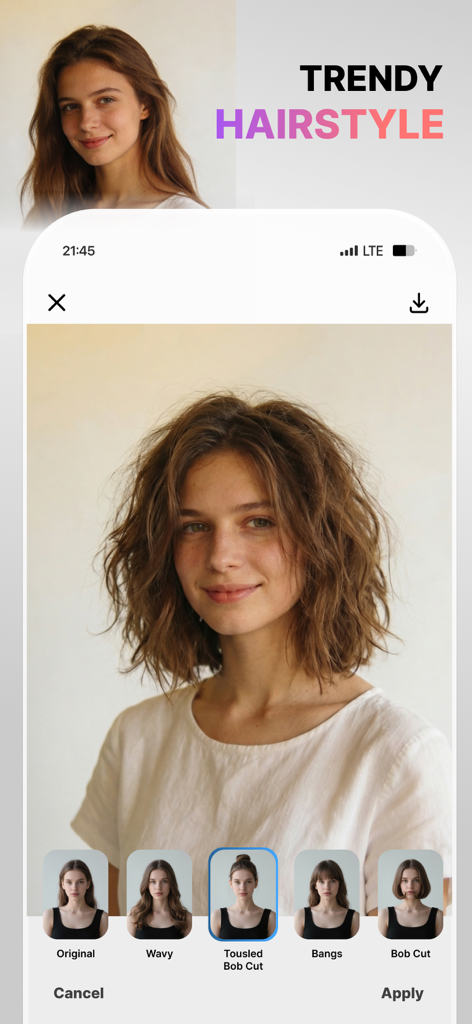 Interface do aplicativo Visio mostrando o recurso de penteado em alta com uma prévia de corte bob desalinhado