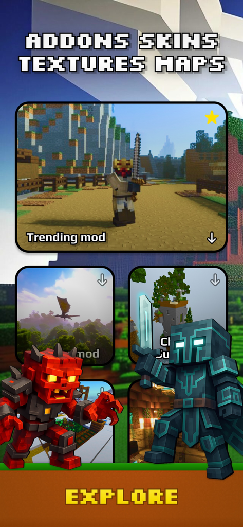 Torgo: Addons & Maps for MCPE - Torgo app interface showing trending Minecraft PE mods skins and textures