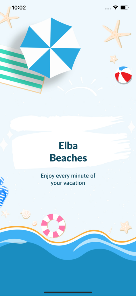 Elba Beaches - Schermata di avvio dell'app Spiagge dell'Elba con illustrazioni a tema spiaggia, tra cui un ombrellone blu e bianco, una stella marina e onde dell'oceano